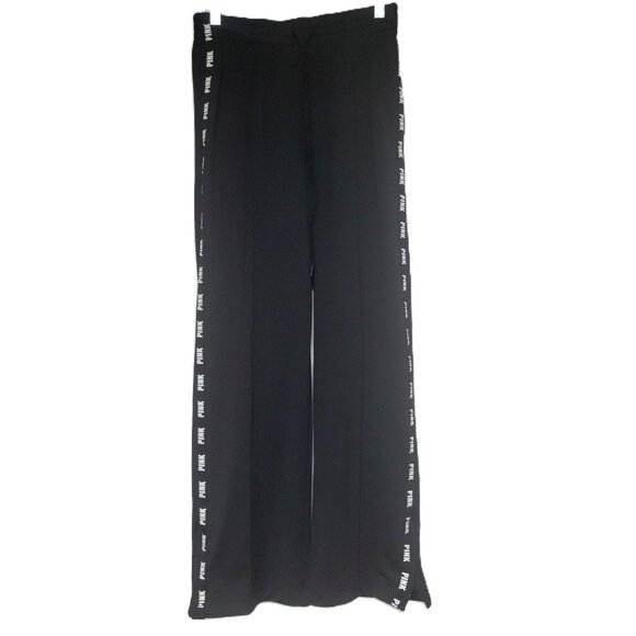 Victoria’s Secret Pink Black High Waist Wide Leg Track Pants Size Medium - Picture 1 of 11